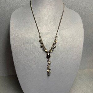 Y-Drop Stone Necklace 22 In Double Silver Black Faceted Teardrop Gray Marbled